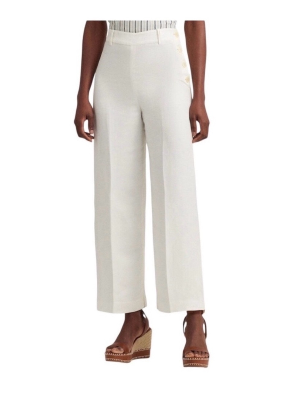 Lauren Ralph Lauren Wide-Leg Linen High-Rise White Cropped Trouser Pants